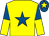 Yellow, royal blue star, royal blue and yellow halved sleeves, royal blue cap, yellow star