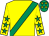 Yellow, emerald green sash, emerald green stars on sleeves, emerald green cap, yellow stars