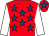 Red, royal blue stars, white sleeves, red cap, royal blue star