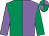 Emerald green and mauve halved, sleeves reversed, quartered cap