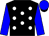 Black, white spots, bright blue sleeves and cap, black peak