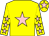 Yellow, pink star, pink stars on sleeves, pink star on cap