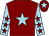 Maroon, light blue star, light blue sleeves, maroon stars, maroon cap, light blue star