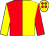 Red and yellow (halved), sleeves reversed, yellow cap, red spots