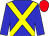 Blue body, yellow cross sashes, blue arms, red cap