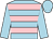 light blue, pink hoops, light blue sleeves, light blue cap