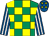 Emerald green & yellow check, royal blue & white striped sleeves, royal blue cap, yellow stars