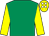 Emerald green, yellow sleeves, yellow cap, white spots