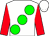 White body, green large spots, red arms, white cap