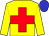 Yellow body, red cross, yellow arms, blue cap