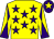 Yellow, purple stars, diabolo on sleeves, purple cap, yellow star