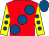 Red, large royal blue spots, yellow sleeves, royal blue spots and cap