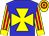 Blue, yellow maltese cross, yellow and red striped sleeves, yellow cuffs, yellow and red hooped cap