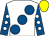 White, large royal blue spots, royal blue sleeves, white spots, yellow cap