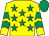 Yellow, emerald green stars, emerald green chevrons on sleeves, emerald green cap