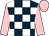 Dark blue and white check, pink sleeves and cap