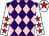 Purple and pink diamonds, white sleeves, red stars, white cap, red star