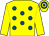 YELLOW, royal blue spots, yellow sleeves, hooped cap