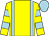 yellow, light blue braces, light blue hoops on sleeves, light blue cap