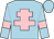 light blue, pink cross of lorraine, light blue sleeves, pink armlets, light blue cap