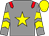 grey, red epaulettes, yellow star, yellow chevrons on sleeves, yellow cap