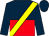 dark blue and red halved horizontally, yellow sash, dark blue sleeves and cap