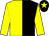 Yellow and black (halved), yellow sleeves, black cap, yellow star