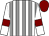 White and grey stripes, white sleeves, maroon armlets, maroon cap