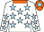 White, sky blue stars, orange collar and cap, sky blue star