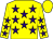 Yellow body, purple stars, yellow arms, purple stars, yellow cap