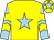 Yellow, light blue star, light blue and yellow chevrons on sleeves, yellow cap, light blue star