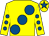 Yellow, large royal blue spots, royal blue spots on sleeves, royal blue star on cap