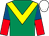 Emerald green, yellow chevron, royal blue and red halved sleeves, white cap