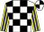 White body, black checked, yellow arms, blue striped, white cap, black quartered