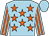 Light blue, orange stars, striped sleeves, light blue cap