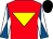 Red, yellow inverted triangle, white and royal blue diabolo on sleeves, black cap