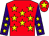 Red, yellow stars, purple sleeves, yellow stars, red cap, yellow star