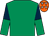 Emerald green, dark blue and emerald green halved sleeves, orange cap, white stars