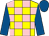 Yellow and pink check, royal blue sleeves and cap