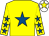 Yellow, royal blue star, yellow sleeves, royal blue stars, white cap, yellow star