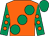 Orange, large emerald green spots, emerald green sleeves, orange spots, emerald green cap