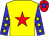 Yellow body, red star, blue arms, yellow stars, red cap, blue star