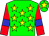 Green body, yellow stars, red arms, blue armlets, green cap, yellow star