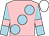 Pink, large light blue spots, light blue sleeves, pink armlets, white cap