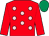 Red, pink spots, red sleeves, emerald green cap