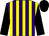 Purple and yellow stripes, black sleeves and cap