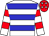 White body, blue hooped, white arms, red hooped, red cap, white stars