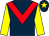 Dark blue, red chevron, yellow sleeves, dark blue cap, yellow star