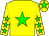 Yellow body, green star, yellow arms, green stars, yellow cap, green star