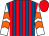 Royal blue and red stripes, white and orange chevrons on sleeves, red cap